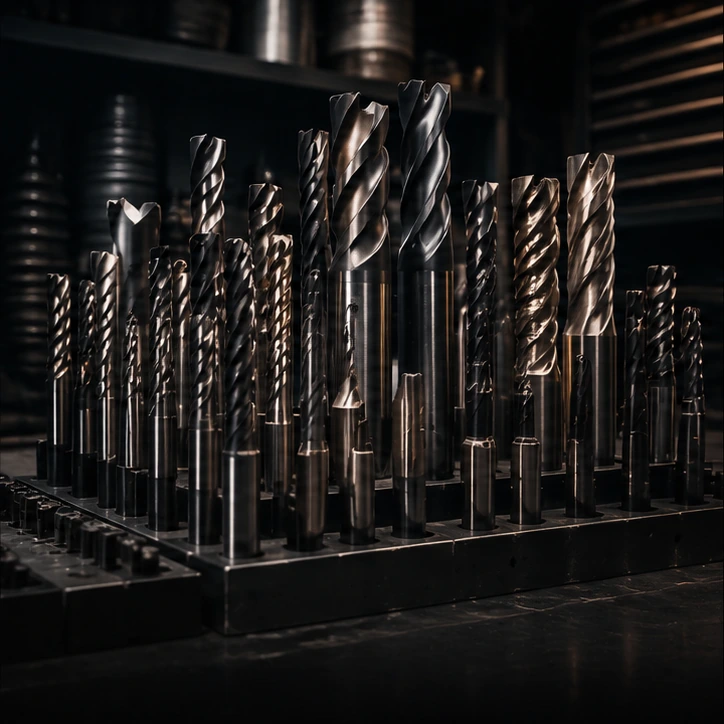 Used carbide end mills and drills collected for recycling